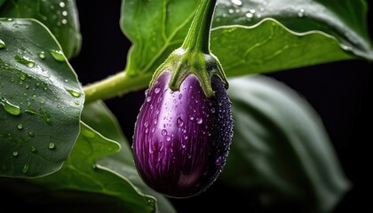 A fresh eggplant with water drops