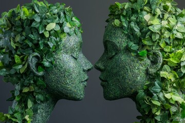 Minimalistic green foliage sculptures of human heads emphasizing growth, nature, and connection