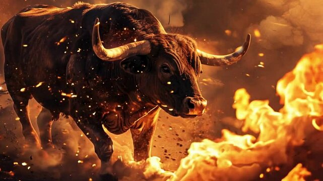 a powerful bull in motion, seemingly running or charging
