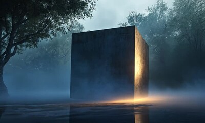 Mysterious Cube in a Foggy Forest - Powered by Adobe