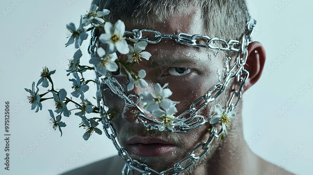 Poster   A man adorned with a flower garland on his face and a chain necklace