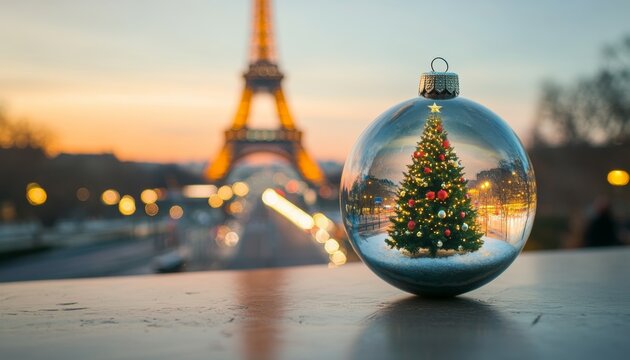 Eiffel tower reflected in a christmas ornament  celebrating new year s eve in paris, france