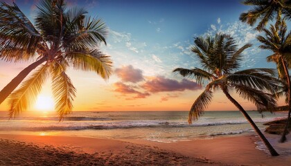 Artistic summer collage with palm trees and beach scenery in sunset hues