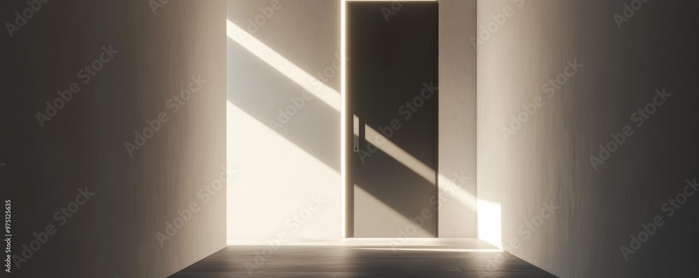 Poster sunlit corridor with closed door casting shadows