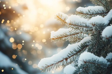 Serene winter landscape  snow covered fir trees and blurred bokeh lights for a holiday card design