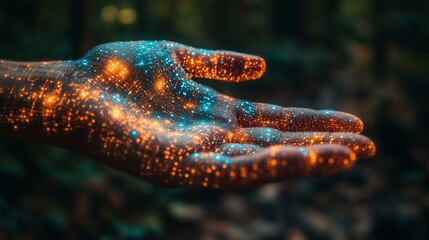 this Human hand interacting with a digital hand, representing digital transformation and technological progress.