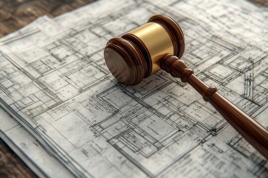 Judge s gavel and legal book on construction blueprint  representing labor law in 3d illustration