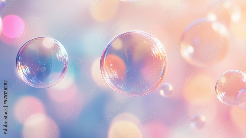 Poster colorful soap bubbles floating in dreamy blurred background, abstract light and color concept
