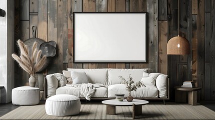 Mockup of a blank canvas poster frame in a modern minimalist living room interior with a wooden wall, a white couch, and decorative plants