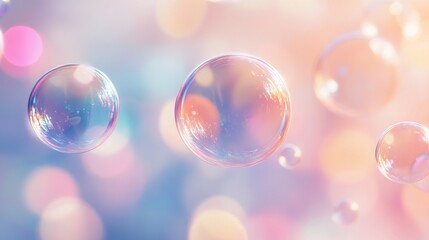 Colorful soap bubbles floating in dreamy blurred background, abstract light and color concept