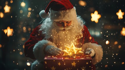Santa claus unwraps christmas gifts under a starry night sky with glimmering golden stars