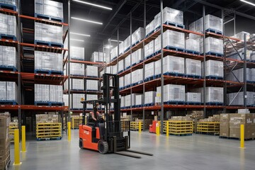 Multi-Level Retail Stock Center with Abundant Shelving, Active Forklifts, and Hazy Logistics Environment
