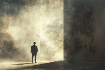 Obraz premium Man in Suit Facing a Doorway Leading to a Hazy Light