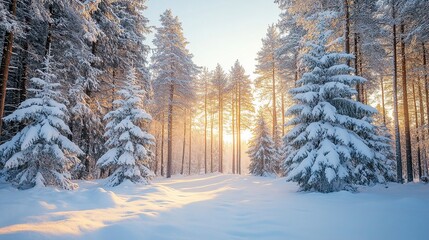 Obraz premium A serene winter landscape with snow-covered trees and sunlight filtering through the forest.