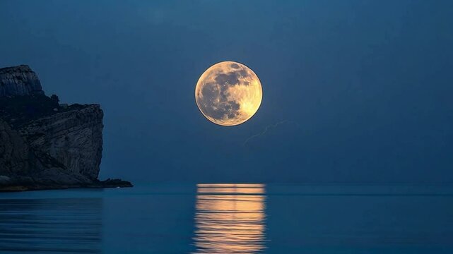 a large, bright full moon over a calm sea at night. The moon appears unusually large, creating a dramatic and almost magical scene