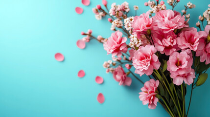 Obraz premium Pink flowers on a light blue background. Thank You Day. Horizontal banner. Free space for text. Happy Valentine's Day. Mother's Day. Woman Day. Teacher's Day
