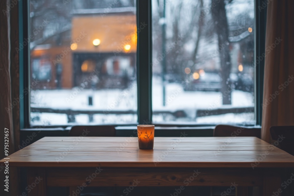 Poster serene winter scene a captivating shot of an empty table with a frosted window backdrop