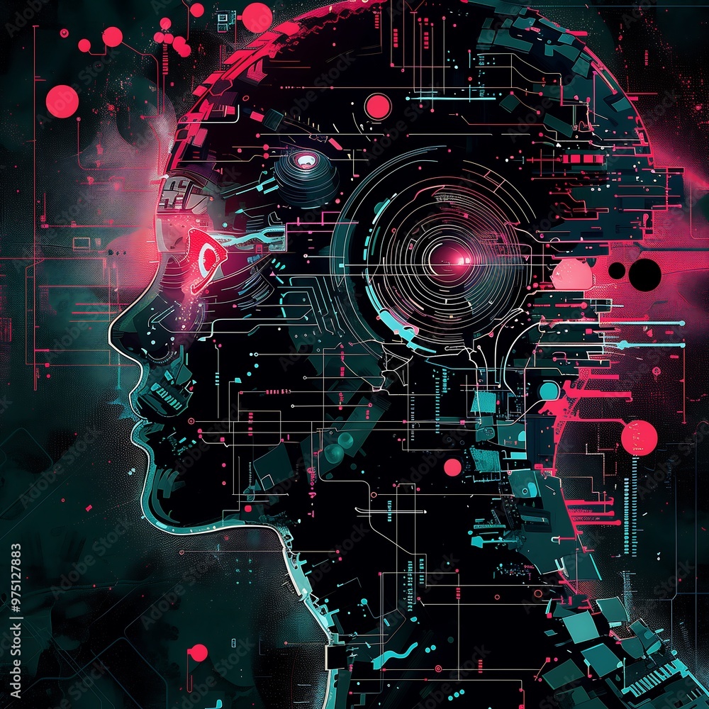 Aufkleber abstract digital portrait of artificial intelligence with glowing circuits and futuristic technology