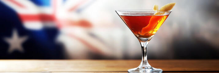 Happy Australia Day. Cocktail with lemon against Australian flag background. Horizontal banner. Free space for text. Alcoholic drink in honor of Australia Day