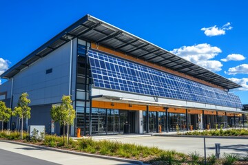 Obraz premium Modern industrial warehouse featuring expansive solar panels under a clear blue sky