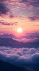 Obraz premium sunset over misty mountains with vibrant colors in the sky, serene landscape view. nature tranquility and relaxation concept