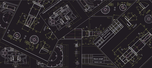 Vector engineering drawing of steel mechanical parts with 
through holes.
Industrial cad scheme on white paper sheets. Technology background.
Computer technic design.
