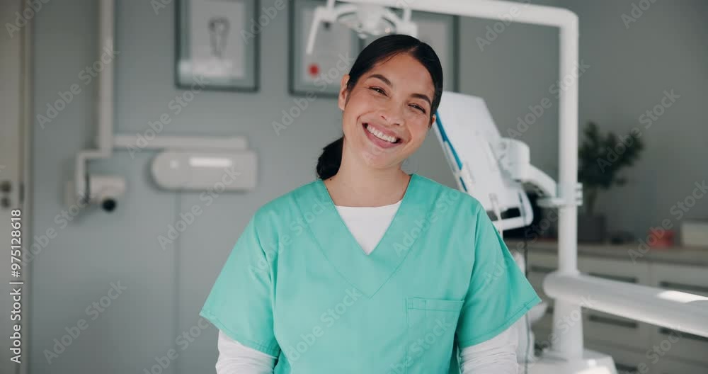 Sticker Dentist, smile and woman in office for oral care, professional and pride for knowledge. Orthodontist, happy and portrait in practice for about us, healthcare expert and dental hygiene in Colombia