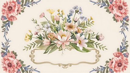 Hand drawn watercolor bouquet with place for your text. Design for card, invitation. Floral frame