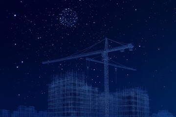 Polygonal wireframe structure under crane against dark blue night sky with stars and dots