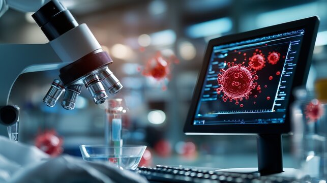 Microscope and Computer Screen Showing Coronavirus Research