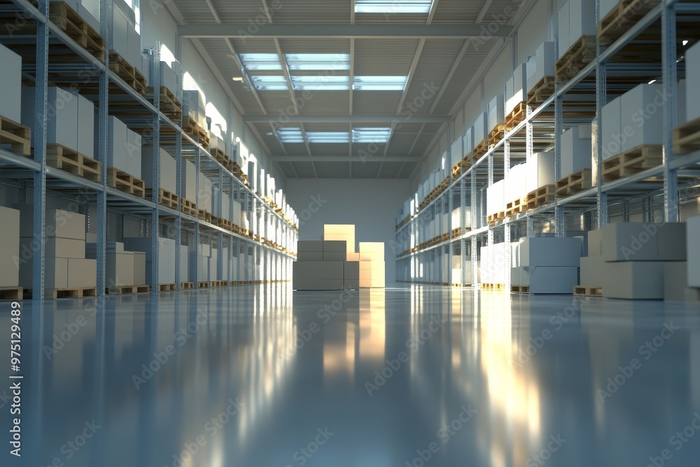 Poster brightly lit 3d rendering of an empty warehouse featuring high shelves and pallets of boxes