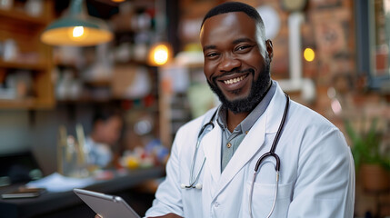 Smiling male doctor with stethoscope in white coat standing in hospital