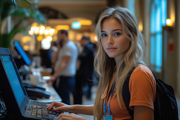 A tour manager coordinating a group’s hotel check-in, ensuring smooth entry for everyone.