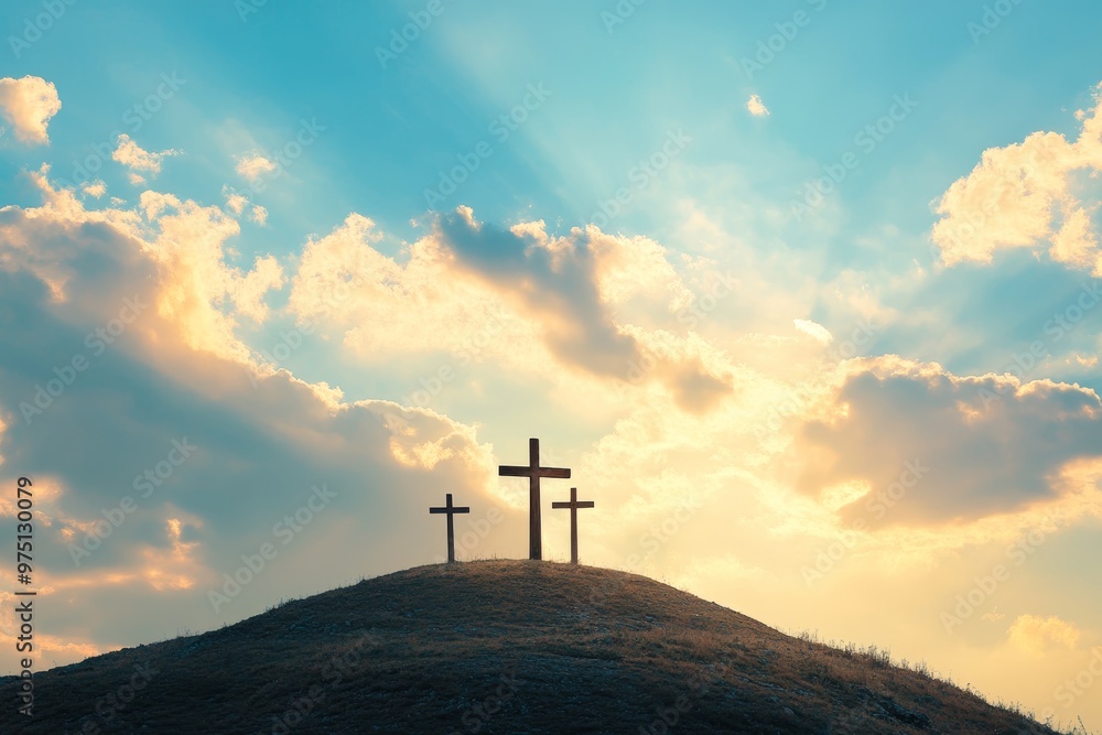 Poster easter concept three crosses on a hill with rays of light and clouds in the background
