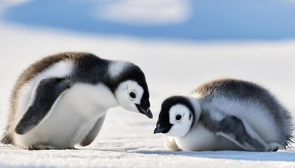 Naklejka premium Two penguin chicks on the ice