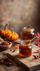 A rustic autumnal scene with two open jars of honey, a wooden honey dipper, miniature pumpkins, and red chili peppers on a wooden surface.

