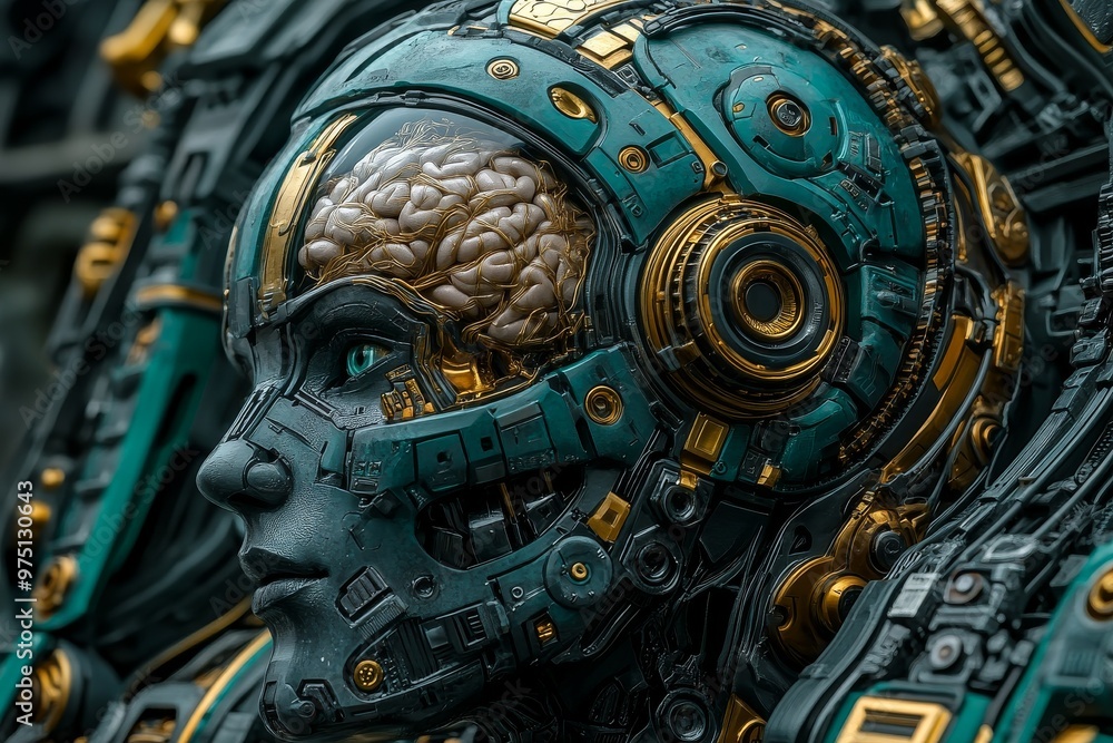 Poster biocompatible connectome neurotransmitter biohacking and neuron brain exposed humanoid with complex 