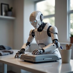 Fototapeta premium A sleek humanoid robot designed for home assistance is shown in a futuristic home