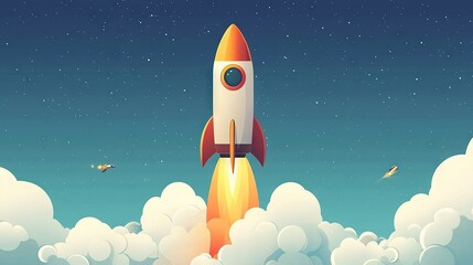   An illustration depicts a rocket launching into the night sky while the moon and stars are visible behind it