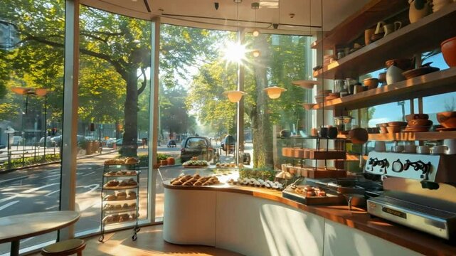 the interior of a modern caf&eacute; with large glass windows offering a view of trees and a street outside
