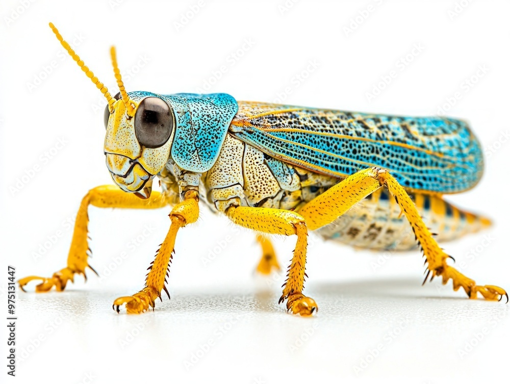 Poster striking leafhopper showcases an array of vibrant colors, its intricate wing patterns and segmented legs highlighted against a pristine white background.