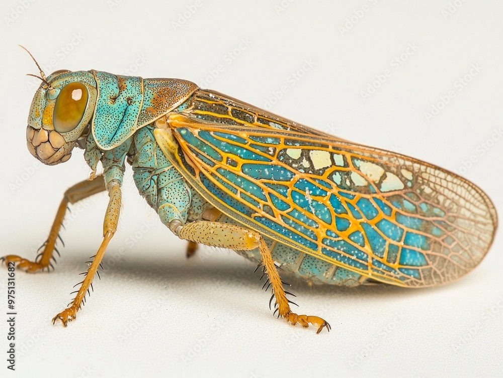 Poster striking leafhopper rests on a clean white surface, displaying its vivid wing patterns and segmented