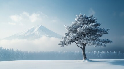 Solitary Pine Tree in a Snowy Landscape with Mount Fuji in the Background