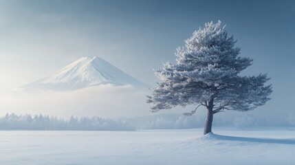 Solitary Frost-Covered Tree in Snowy Landscape with Mount Fuji in the Distance