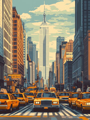Vintage Poster of Iconic New York City Street with Yellow Taxis