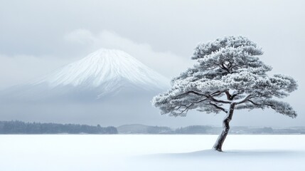 A Single Snow-Covered Tree Stands Before Mount Fuji in the Distance