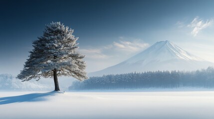Frosty Tree and Snow-Covered Mount Fuji in Winter Landscape