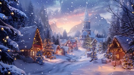 Fototapeta premium Snowy Winter Village with Church and Christmas Lights, Holiday Festive Background