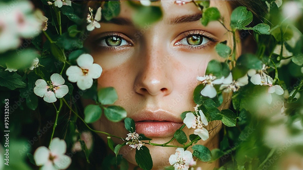 Sticker   Close-up of a woman's face with green leaves and white flowers surrounding her, her eyes open