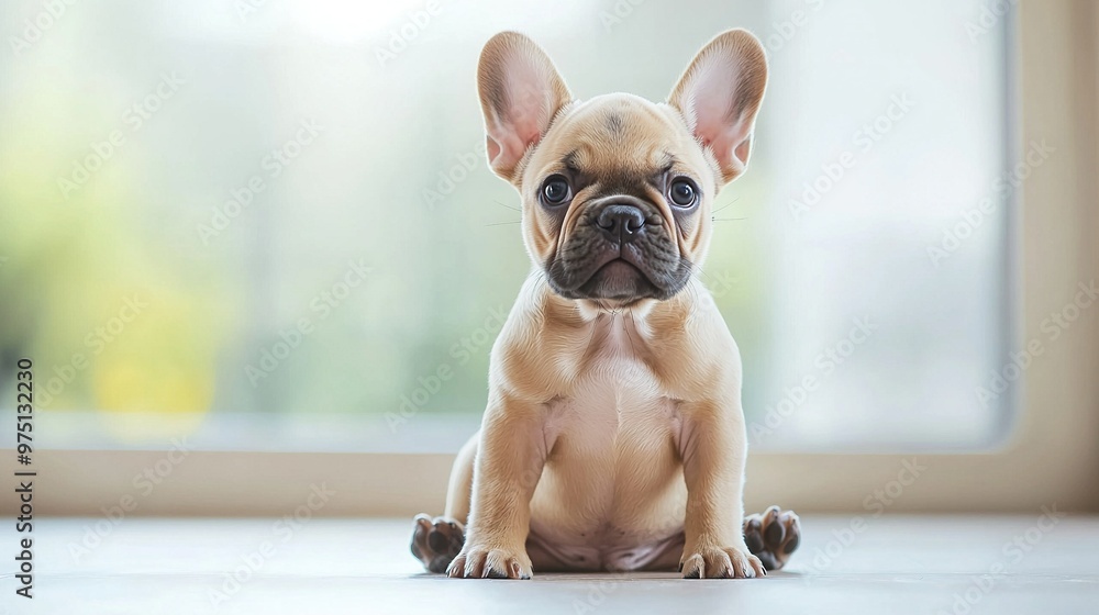 Poster   A brown and white dog sits on a hardwood floor near a large window pane